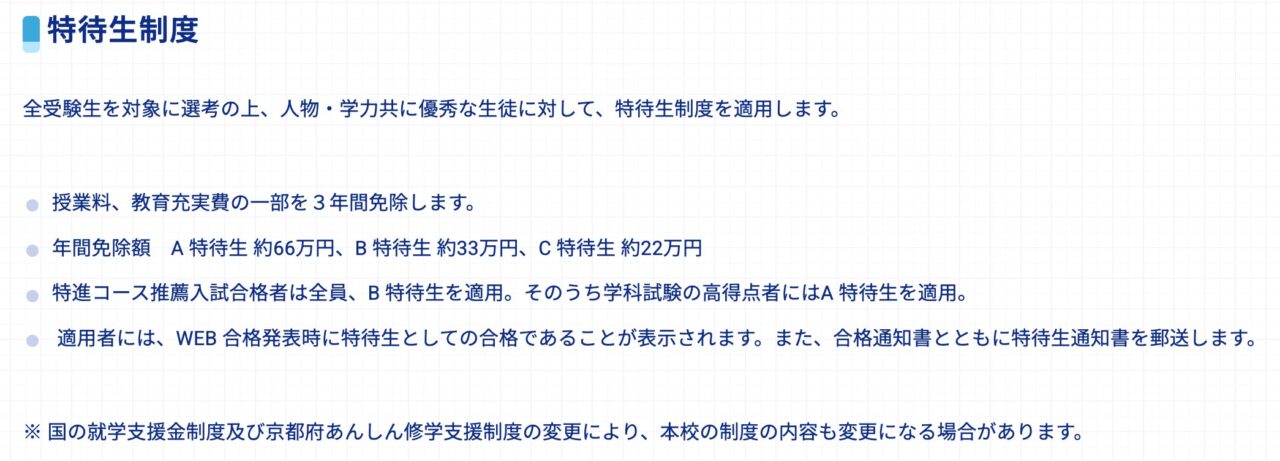 京都産業大学附属高等学校の特待生制度