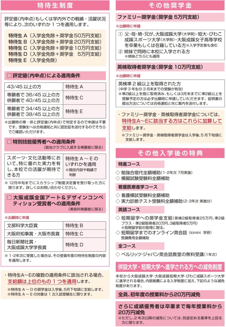 大阪成蹊女子高校の特待生制度