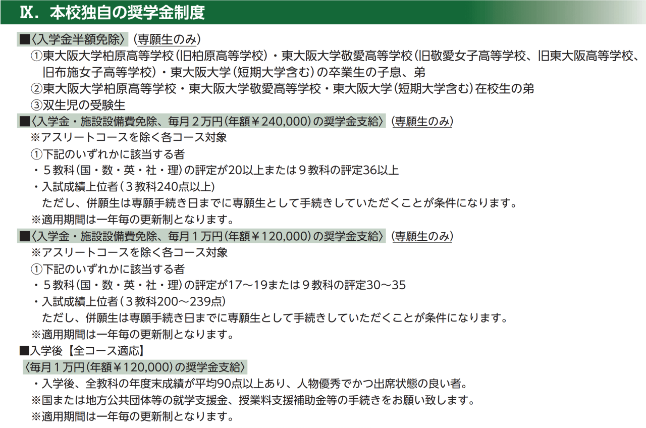 東大阪大学柏原高等学校の特待生制度